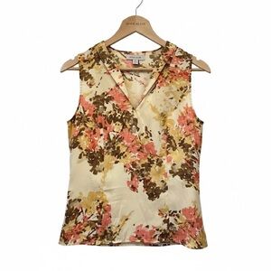 Anne Klein Sleeveless Blouse Size Large Floral Print Pleated V-neckline